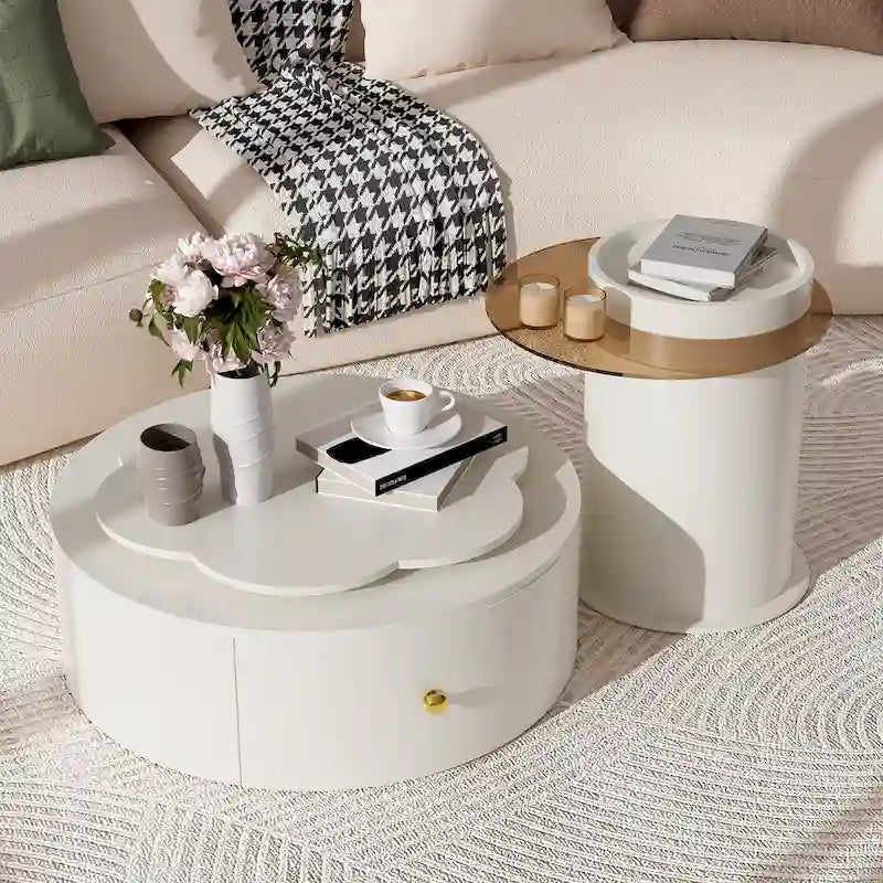 Modern Round Coffee Table Set of 2, 360-Degree Rotatable Flower-shaped Top with 2 Drawers, Top Circle Side Table with Glass