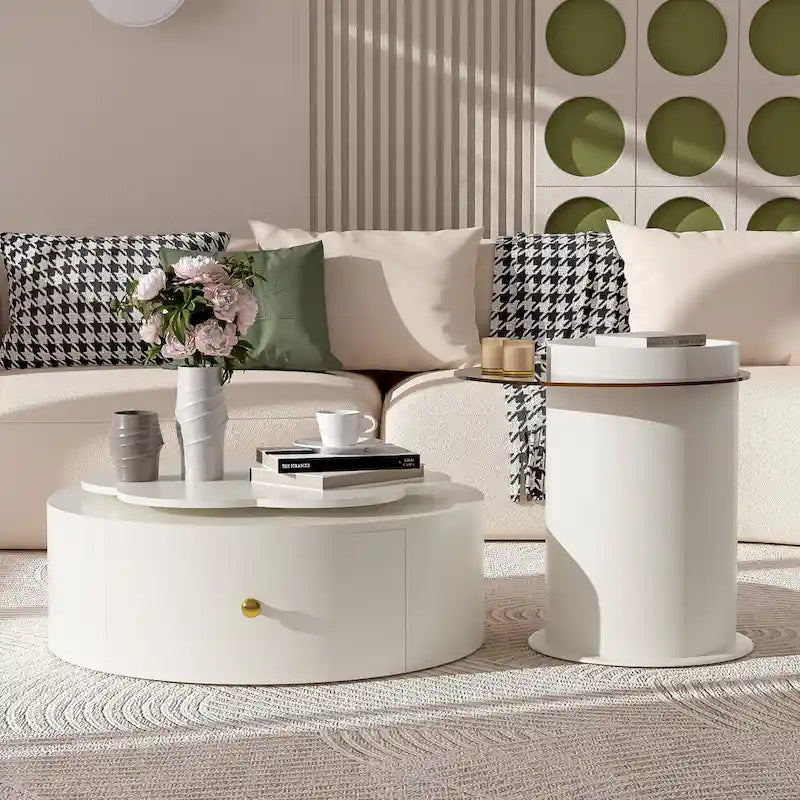 Modern Round Coffee Table Set of 2, 360-Degree Rotatable Flower-shaped Top with 2 Drawers, Top Circle Side Table with Glass