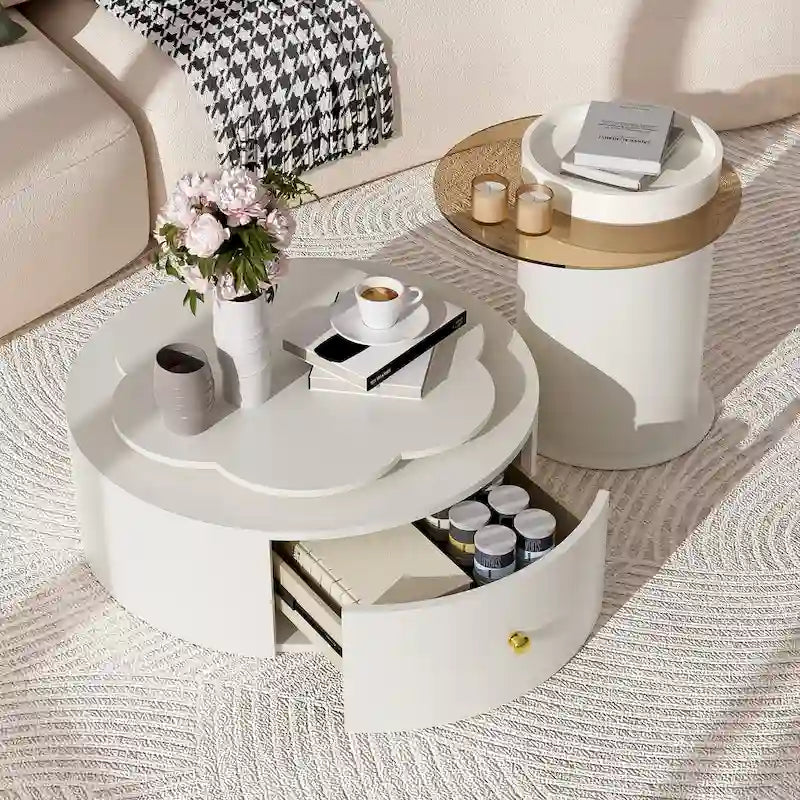 Modern Round Coffee Table Set of 2, 360-Degree Rotatable Flower-shaped Top with 2 Drawers, Top Circle Side Table with Glass