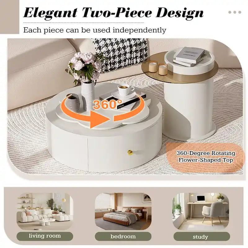 Modern Round Coffee Table Set of 2, 360-Degree Rotatable Flower-shaped Top with 2 Drawers, Top Circle Side Table with Glass