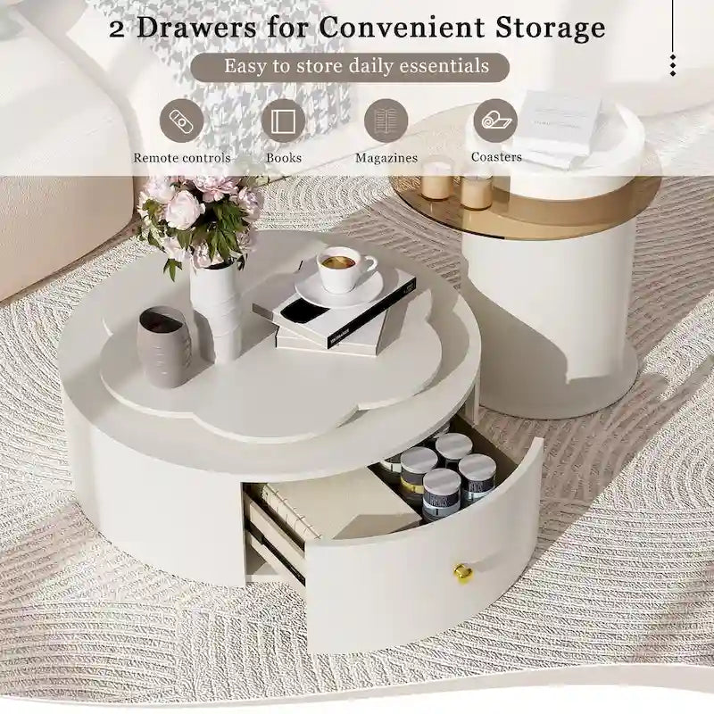 Modern Round Coffee Table Set of 2, 360-Degree Rotatable Flower-shaped Top with 2 Drawers, Top Circle Side Table with Glass
