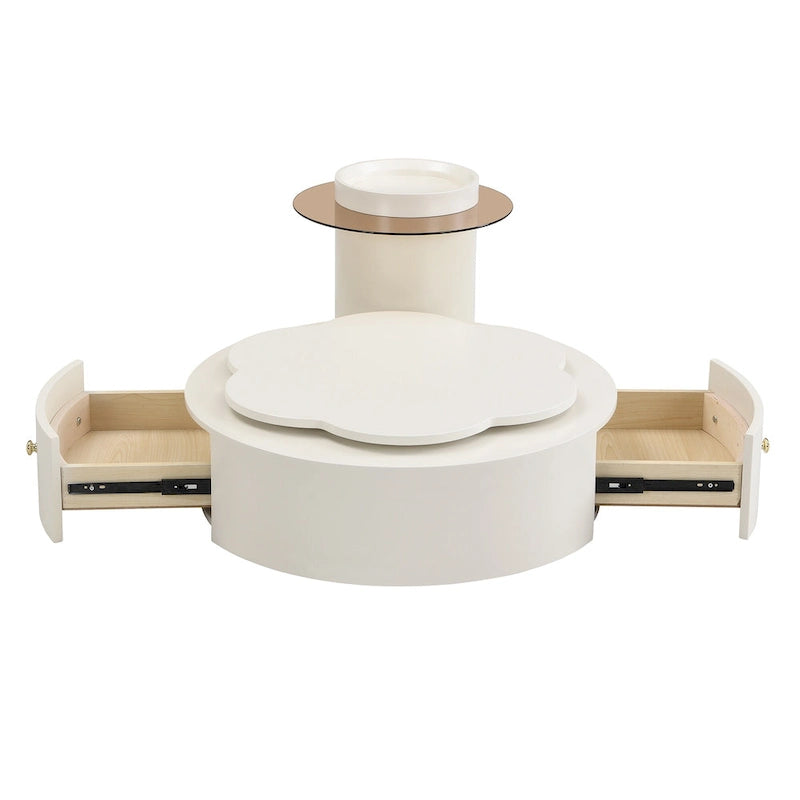 Modern Round Coffee Table Set of 2, 360-Degree Rotatable Flower-shaped Top with 2 Drawers, Top Circle Side Table with Glass