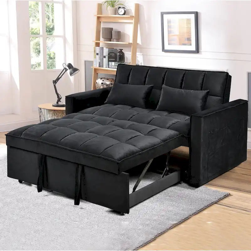 Modern Velvet Loveseat Futon Sofa Couch Pullout Bed, Small Love Seat Lounge Sofa w/Reclining Backrest, Toss Pillows, Pockets