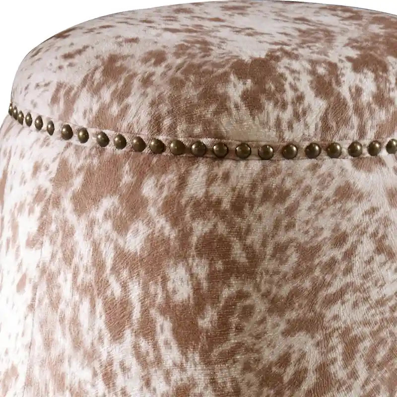 Cow Hide Pouf Ottoman with Nail Heads - 17 - Brown and White