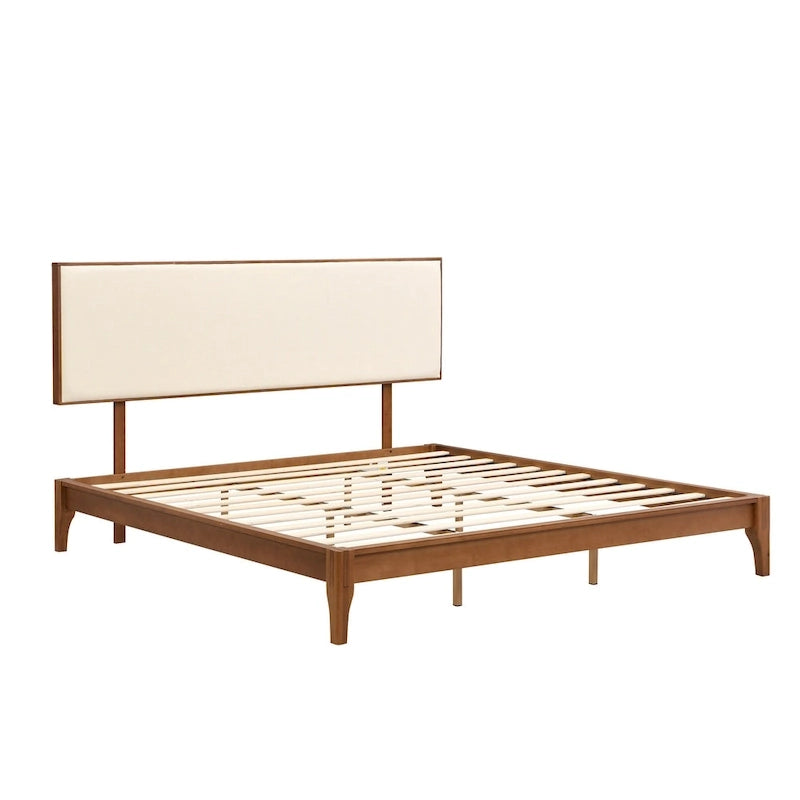 Elegant Solid Bamboo Wood Platform Bed with Upholstered Adjustable Headboard