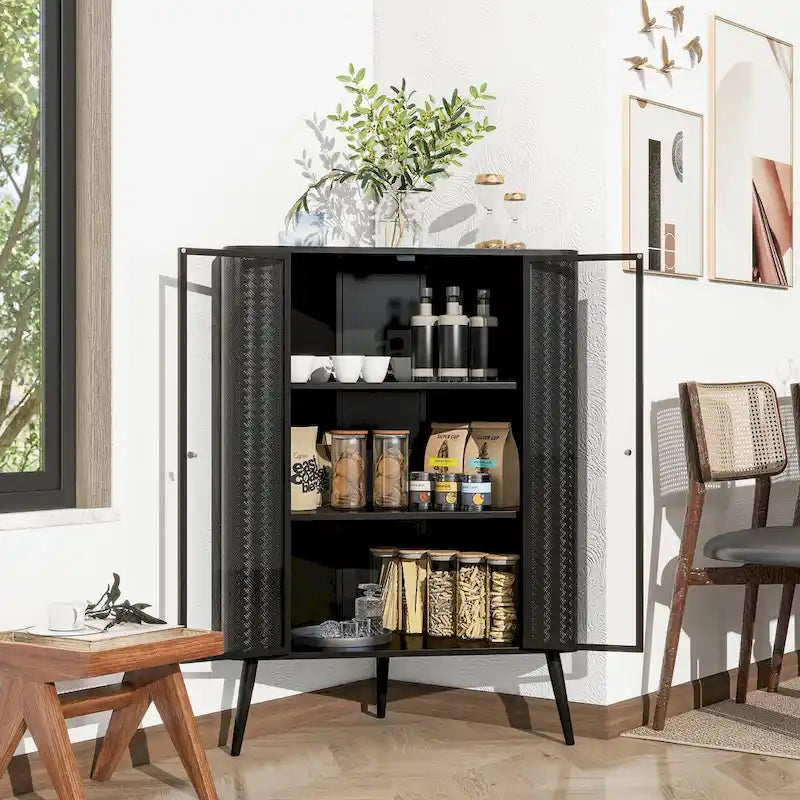 3-Tier Corner Storage Cabinet with Tempered Glass Doors, Removeable Shelves & Metal Frame, Freestanding Space-Saving Organizer