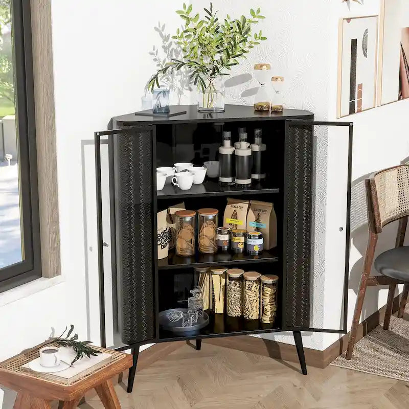 3-Tier Corner Storage Cabinet with Tempered Glass Doors, Removeable Shelves & Metal Frame, Freestanding Space-Saving Organizer