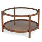 Costway Wooden 31 Round Coffee Table with Tempered Glass Top Handmade - Cherry+Transparent - See Details