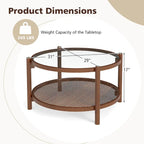 Costway Wooden 31 Round Coffee Table with Tempered Glass Top Handmade - Cherry+Transparent - See Details