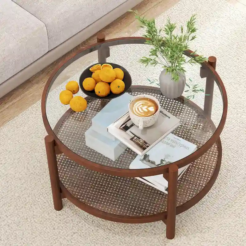 Costway Wooden 31 Round Coffee Table with Tempered Glass Top Handmade - Cherry+Transparent - See Details