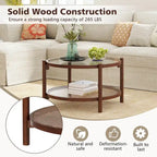Costway Wooden 31 Round Coffee Table with Tempered Glass Top Handmade - Cherry+Transparent - See Details