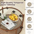 Costway Wooden 31 Round Coffee Table with Tempered Glass Top Handmade - Cherry+Transparent - See Details