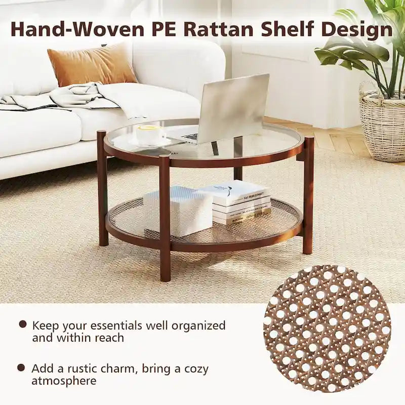 Costway Wooden 31 Round Coffee Table with Tempered Glass Top Handmade - Cherry+Transparent - See Details