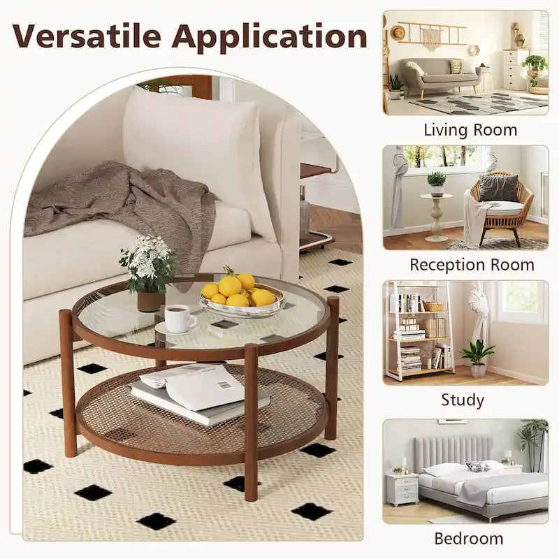 Costway Wooden 31 Round Coffee Table with Tempered Glass Top Handmade - Cherry+Transparent - See Details