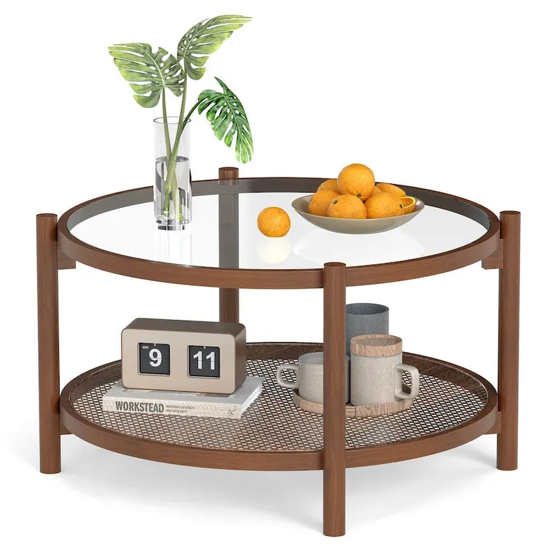 Costway Wooden 31 Round Coffee Table with Tempered Glass Top Handmade - Cherry+Transparent - See Details