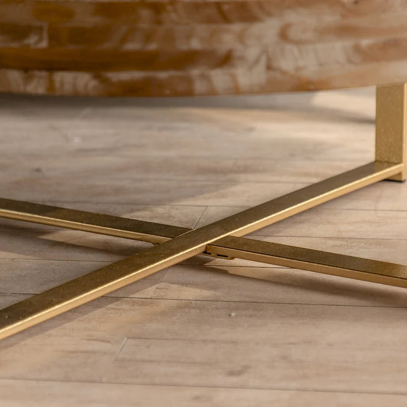 Modern Retro Splicing Round Coffee Table Simple Coffee Table with Fir Wood Tabletop Gold Cross Leg, for Living Room