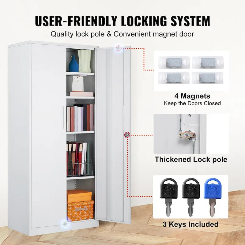 75 Inch Locking Metal Storage Cabinet with 4 Adjustable Shelves and 2 Magnetic Doors