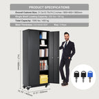 75 Inch Locking Metal Storage Cabinet with 4 Adjustable Shelves and 2 Magnetic Doors