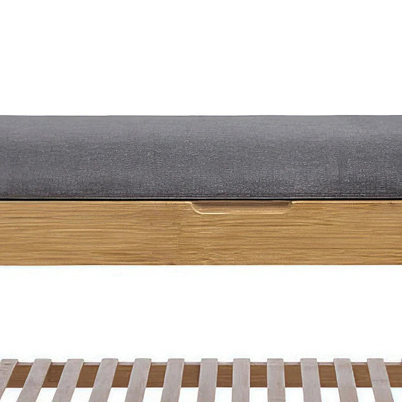 Mindy Shoe Storage Bench, Gray Polyester Seat, Walnut Brown Bamboo, 36 Inch