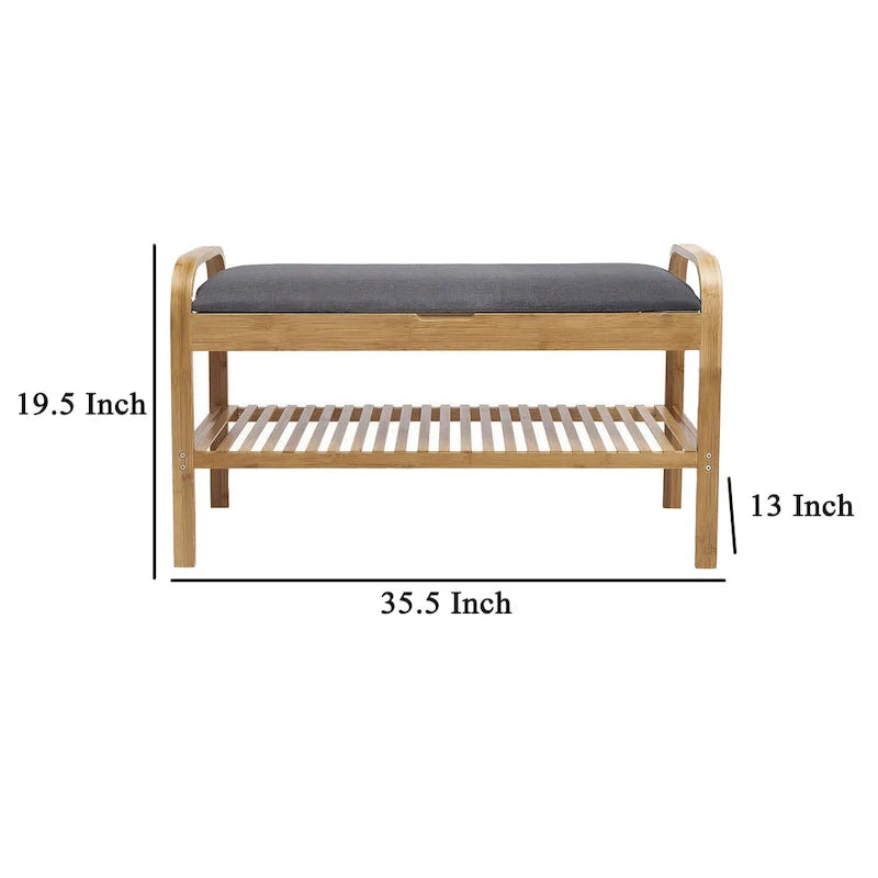 Mindy Shoe Storage Bench, Gray Polyester Seat, Walnut Brown Bamboo, 36 Inch