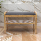 Mindy Shoe Storage Bench, Gray Polyester Seat, Walnut Brown Bamboo, 36 Inch
