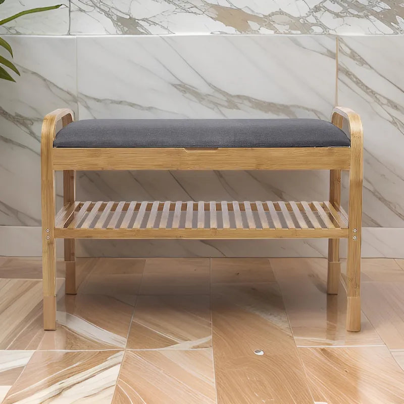 Mindy Shoe Storage Bench, Gray Polyester Seat, Walnut Brown Bamboo, 36 Inch