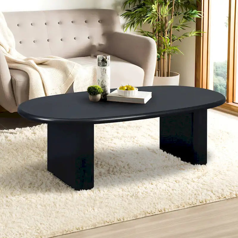 Modern Coffee Table Oval Coffee Table with 2 Vertical Thick Feet Rounded Edges, for Living Rooms Antique Black