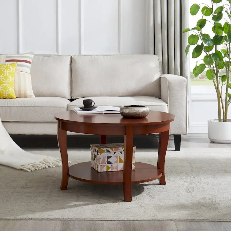 Traditional Round Coffee Table Wooden Centerpiece Table with Open Storage Shelves, for Living Room Bedroom Apartment Studio