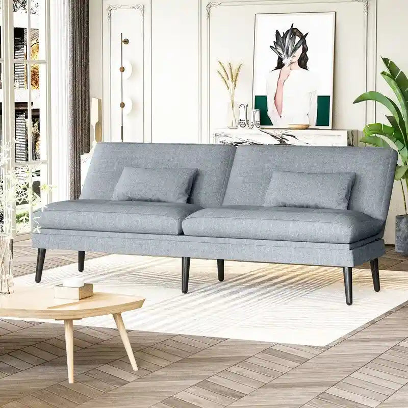Grondin Convertible Futon Sofa Bed, 5-Angle Adjustable Backrest Sleeper Couch with 2 Pillows, Modern Style Recliner Lounge