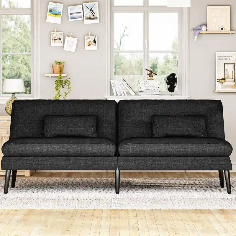 Grondin Convertible Futon Sofa Bed, 5-Angle Adjustable Backrest Sleeper Couch with 2 Pillows, Modern Style Recliner Lounge