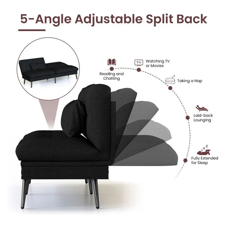 Grondin Convertible Futon Sofa Bed, 5-Angle Adjustable Backrest Sleeper Couch with 2 Pillows, Modern Style Recliner Lounge