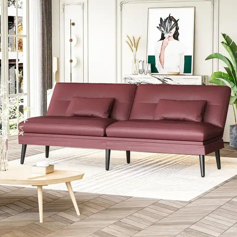 Grondin Convertible Futon Sofa Bed, 5-Angle Adjustable Backrest Sleeper Couch with 2 Pillows, Modern Style Recliner Lounge