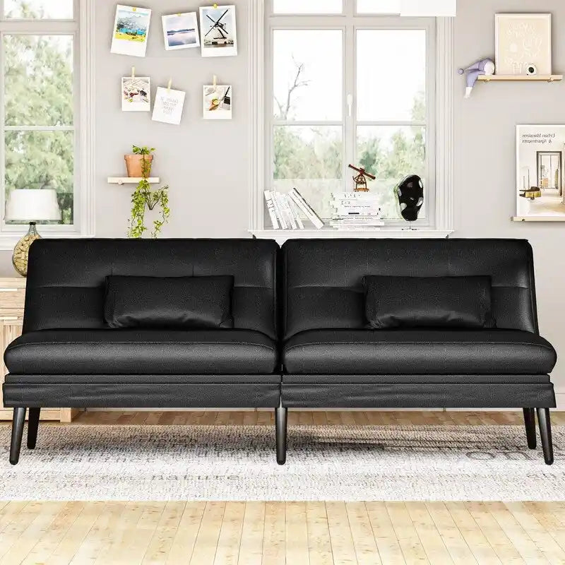 Grondin Convertible Futon Sofa Bed, 5-Angle Adjustable Backrest Sleeper Couch with 2 Pillows, Modern Style Recliner Lounge