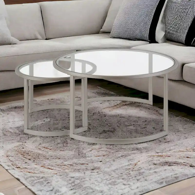 Set of 2 36 Glass And Steel Round Nested Coffee Tables - 36 x 36 x 18