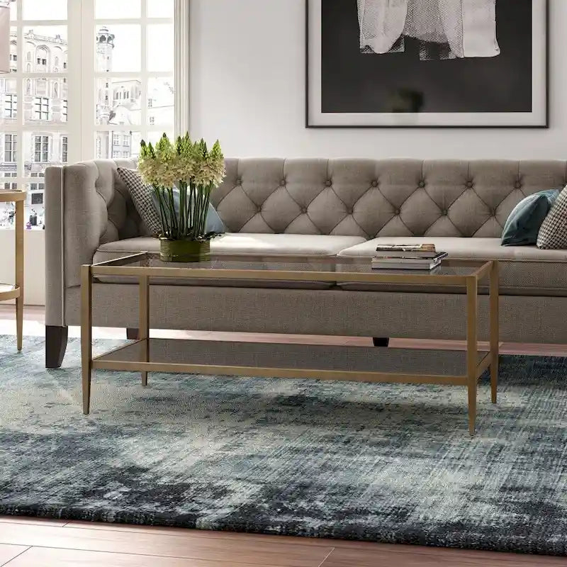 Modern Rectangular Glass Coffee Table 45 Steel Frame with Storage Shelf for Living Room - 45L x 20W x 17H