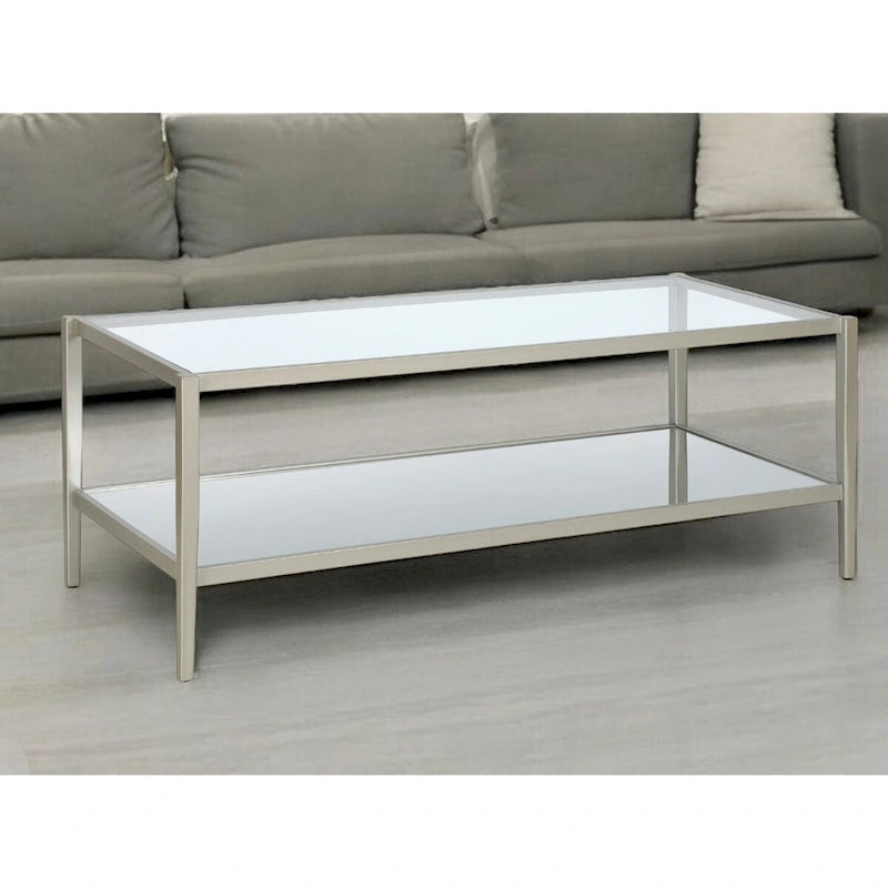 Modern Rectangular Glass Coffee Table 45 Steel Frame with Storage Shelf for Living Room - 45L x 20W x 17H