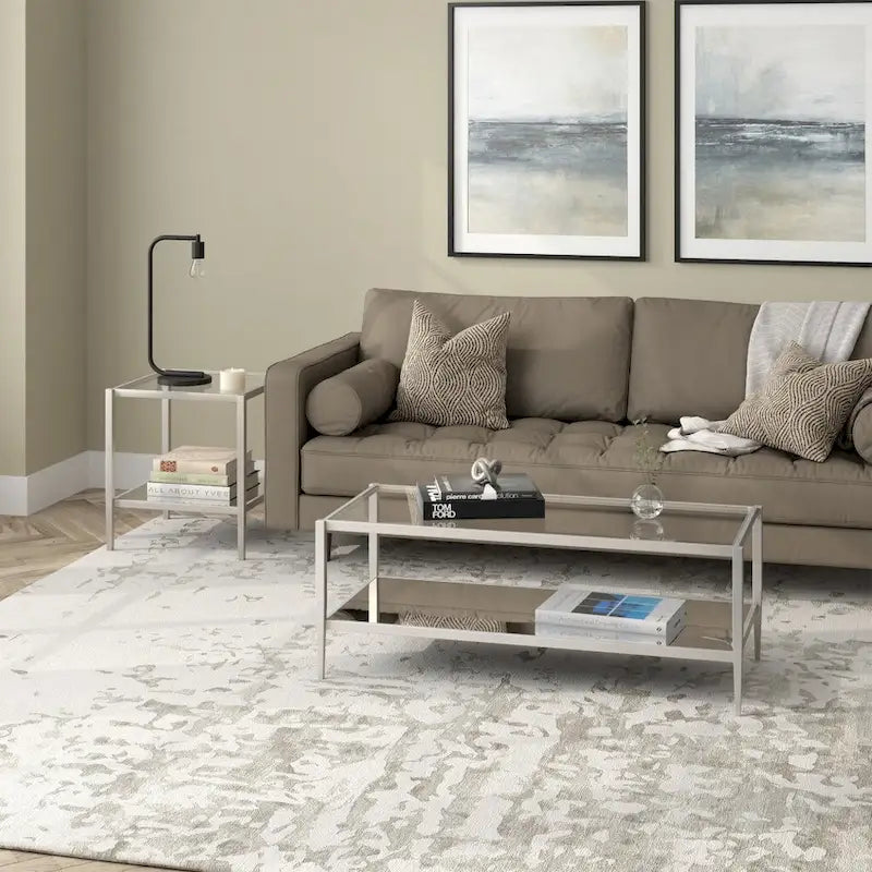 Modern Rectangular Glass Coffee Table 45 Steel Frame with Storage Shelf for Living Room - 45L x 20W x 17H