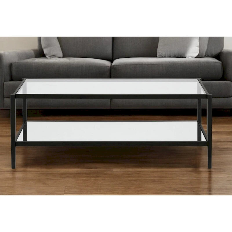 Modern Rectangular Glass Coffee Table 45 Steel Frame with Storage Shelf for Living Room - 45L x 20W x 17H