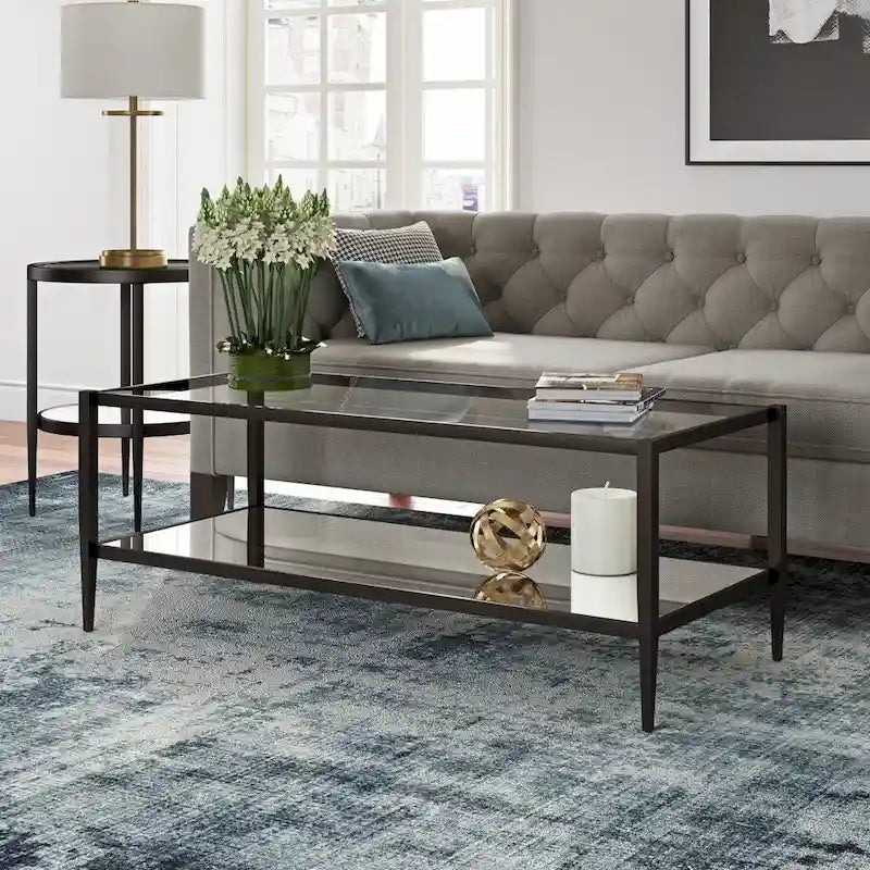 Modern Rectangular Glass Coffee Table 45 Steel Frame with Storage Shelf for Living Room - 45L x 20W x 17H