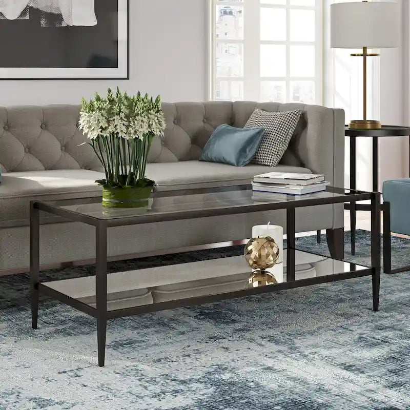 Modern Rectangular Glass Coffee Table 45 Steel Frame with Storage Shelf for Living Room - 45L x 20W x 17H
