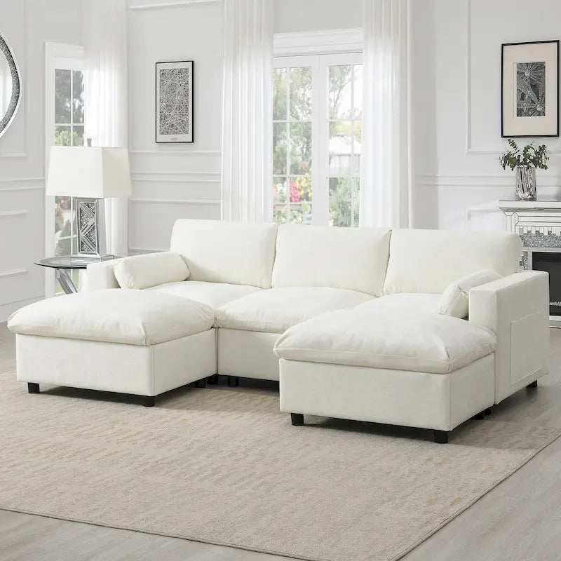 Divano modulare a forma di U in ciniglia "Cloud" con 2 pouf e cuscini