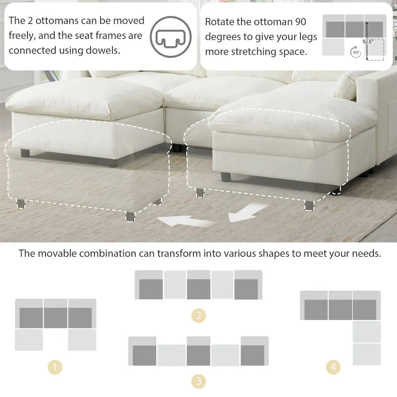 Divano modulare a forma di U in ciniglia "Cloud" con 2 pouf e cuscini