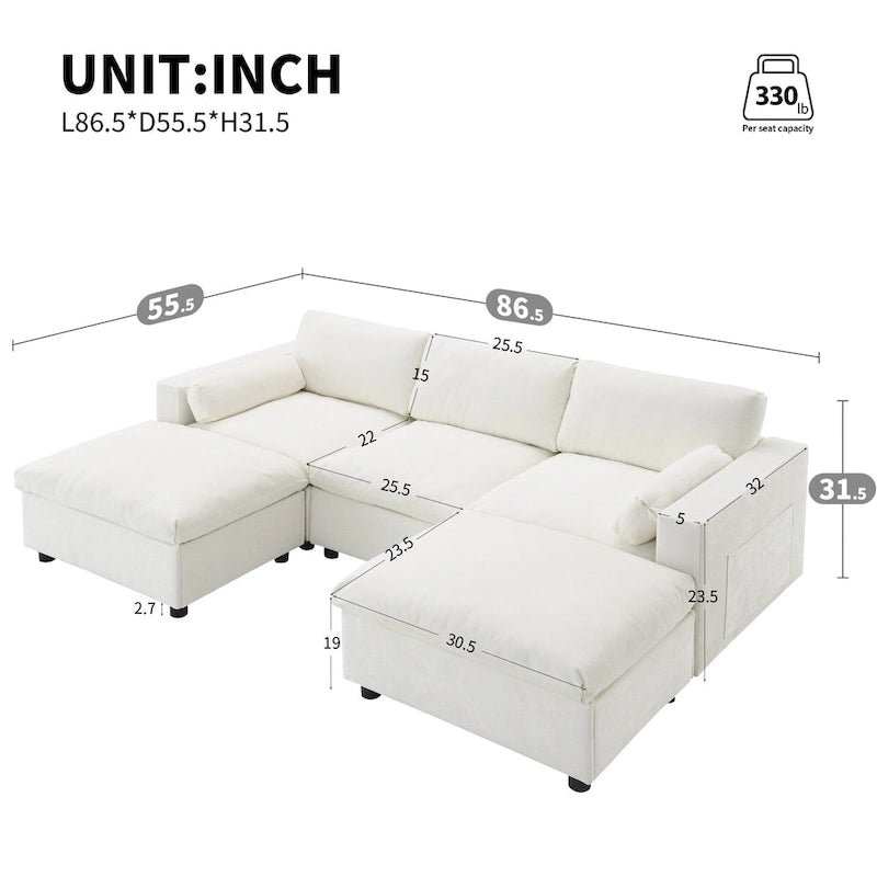 Divano modulare a forma di U in ciniglia "Cloud" con 2 pouf e cuscini