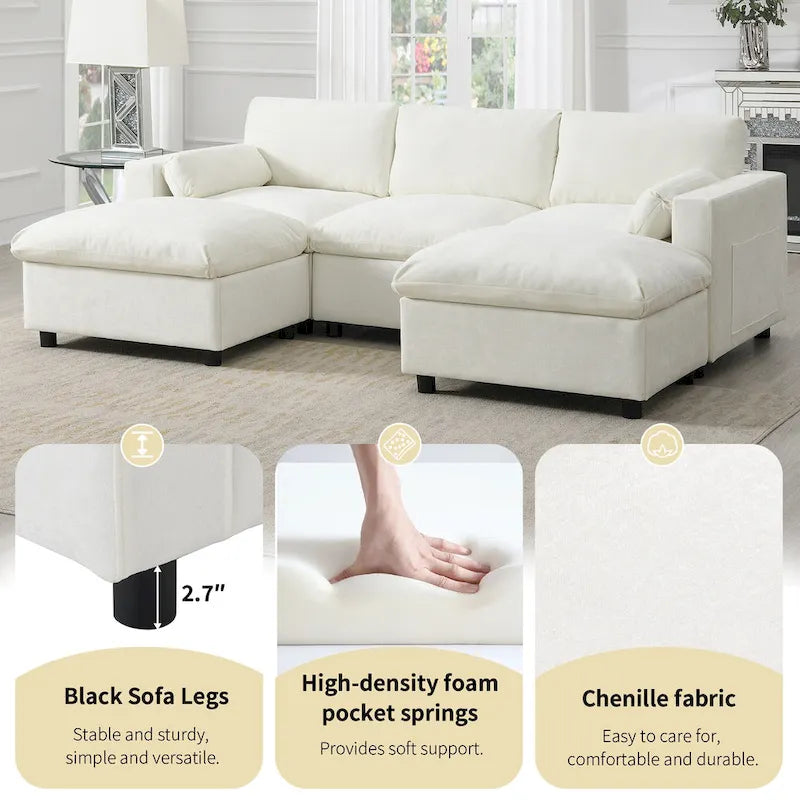 Divano modulare a forma di U in ciniglia "Cloud" con 2 pouf e cuscini