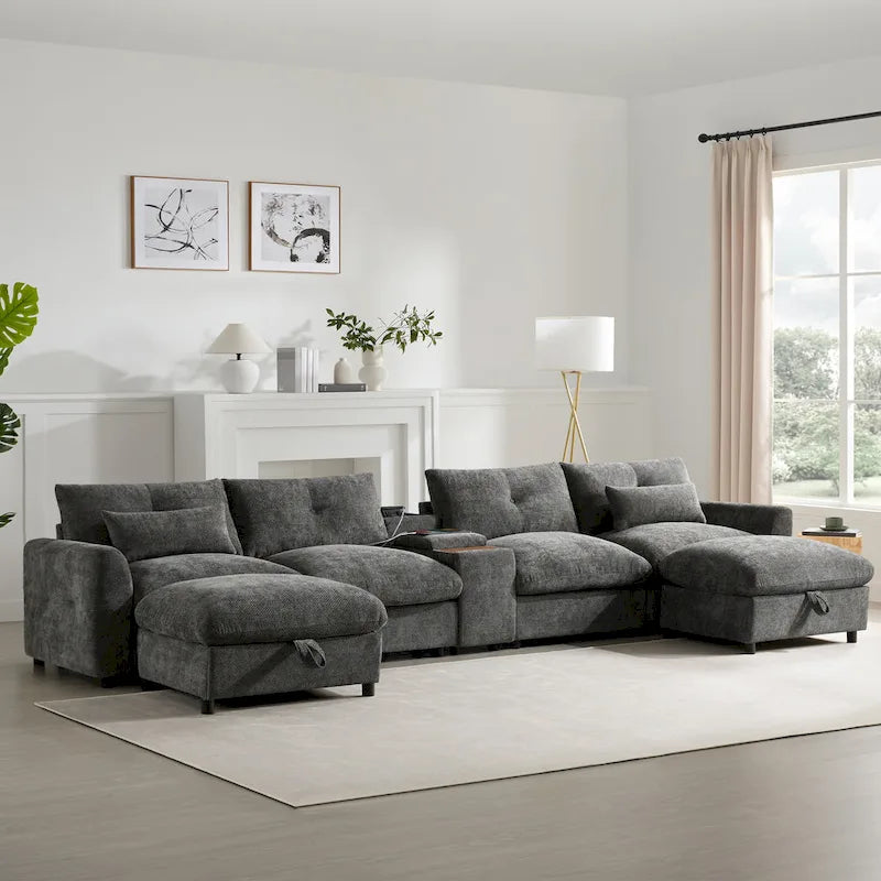 142 Modular U Shaped Sectional Sofa with Storage Ottomans and Console