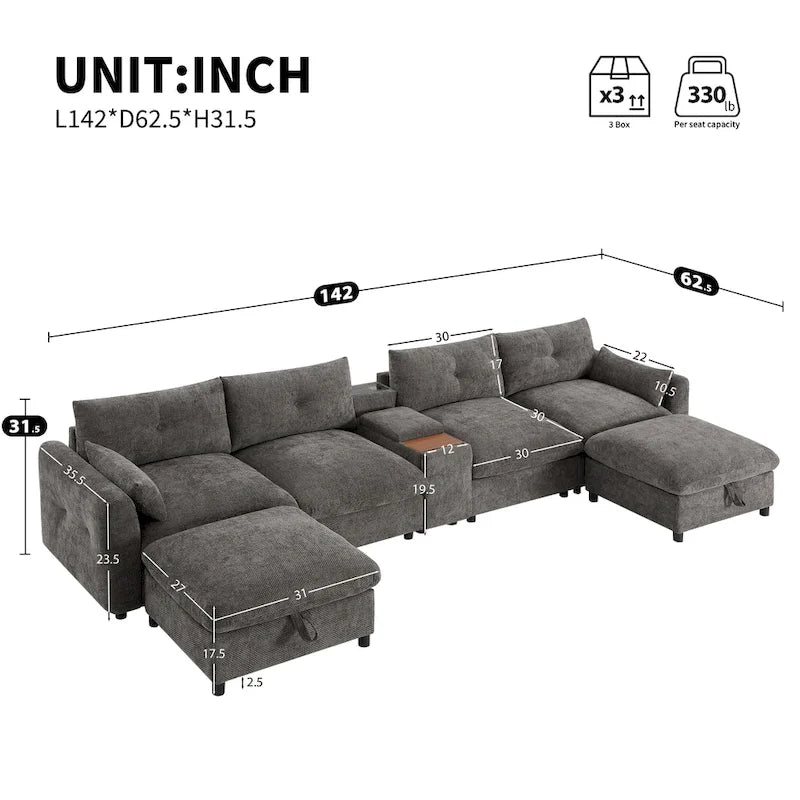 142 Modular U Shaped Sectional Sofa with Storage Ottomans and Console