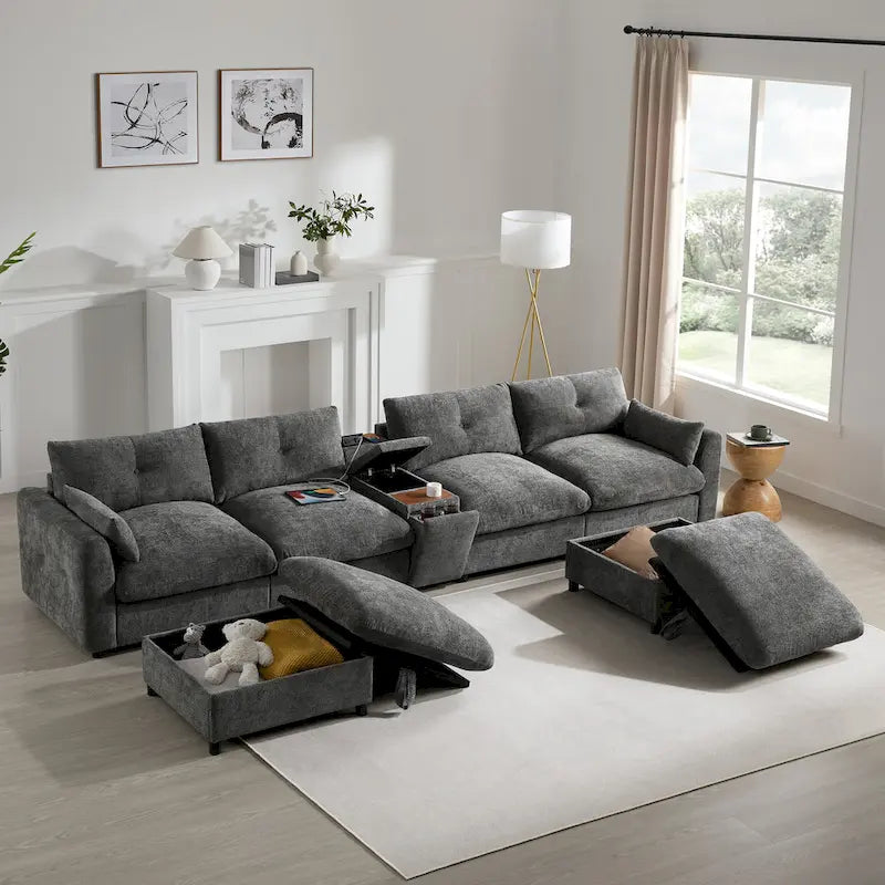 142 Modular U Shaped Sectional Sofa with Storage Ottomans and Console