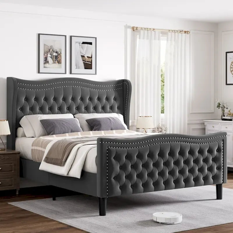 Letto a piattaforma in velluto in stile moderno con testiera imbottita per camera da letto