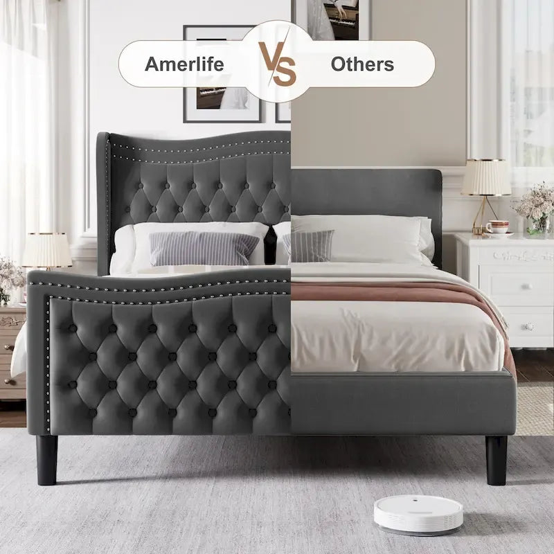 Letto a piattaforma in velluto in stile moderno con testiera imbottita per camera da letto