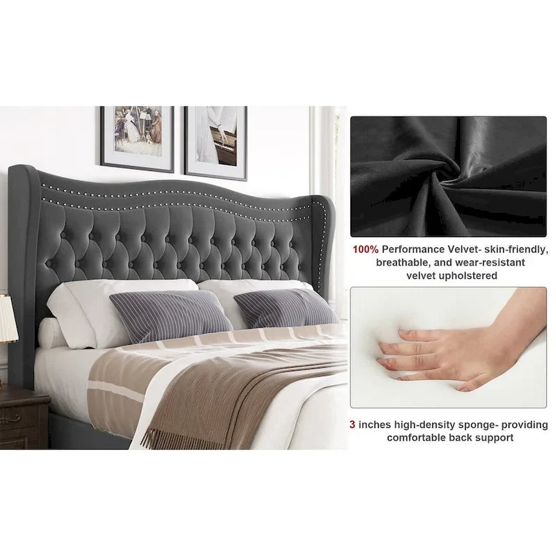 Letto a piattaforma in velluto in stile moderno con testiera imbottita per camera da letto